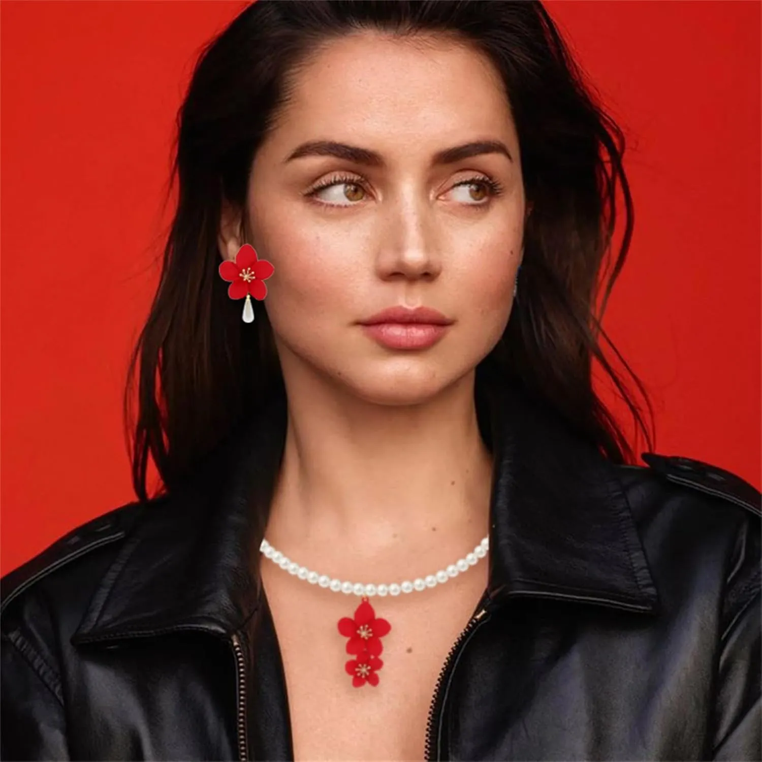 Boho Flower Earrings Necklace Stes for Women Handmade Pearl Flower Necklace Layered Floral Petal Earrings Cute Boho Matte Flower Statement Earrings Boho Wedding Jewelry