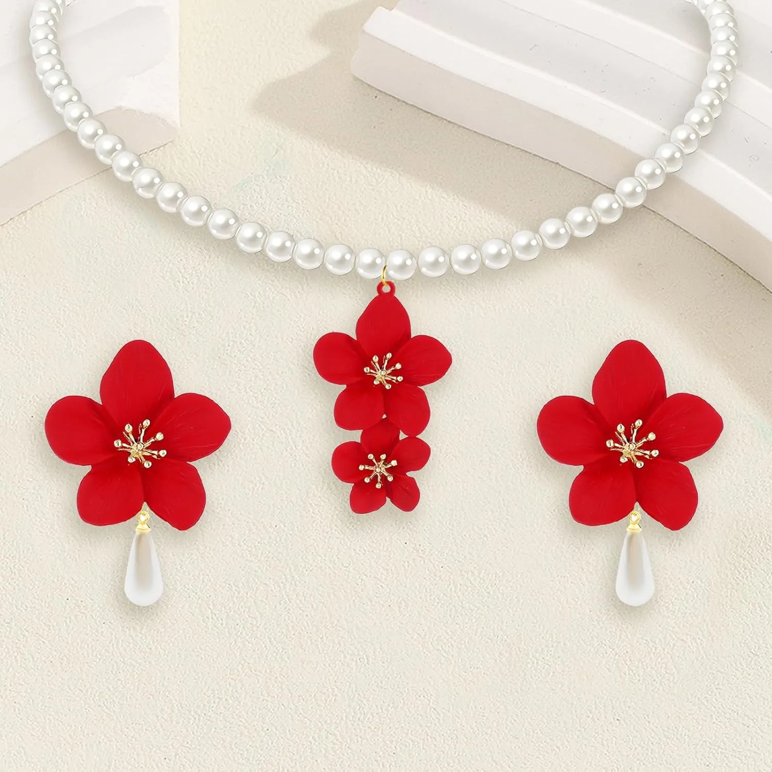 Boho Flower Earrings Necklace Stes for Women Handmade Pearl Flower Necklace Layered Floral Petal Earrings Cute Boho Matte Flower Statement Earrings Boho Wedding Jewelry