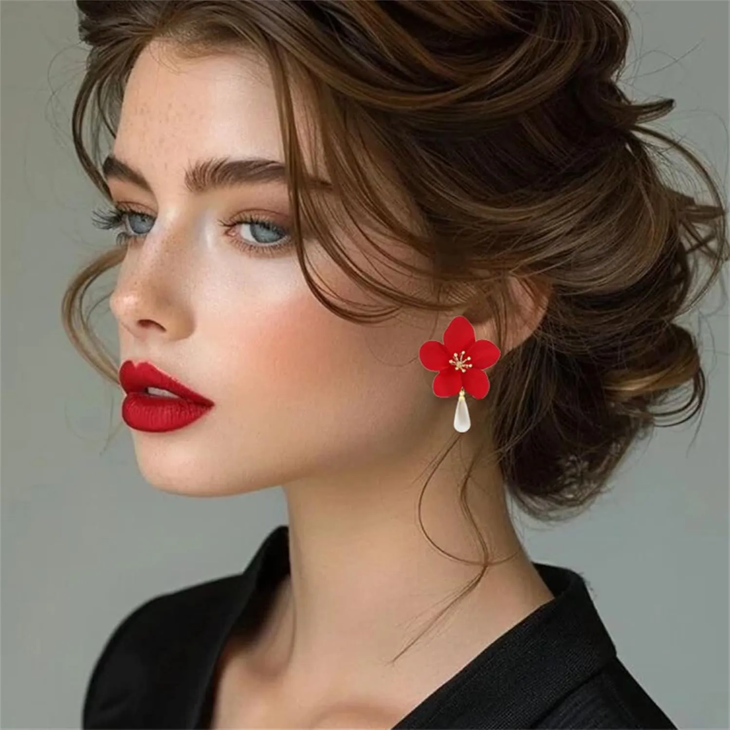 Boho Flower Earrings Necklace Stes for Women Handmade Pearl Flower Necklace Layered Floral Petal Earrings Cute Boho Matte Flower Statement Earrings Boho Wedding Jewelry