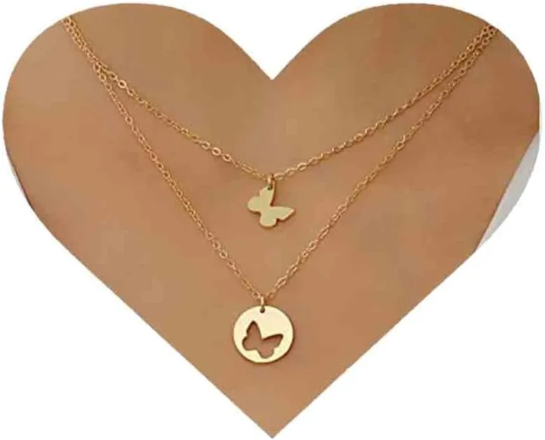 Boho Layered Butterfly Necklace Choker Hollow Butterfly Pendant Necklace Gold Circle Necklace Choker Vintage Butterfly Cutout Necklace Chain for Women