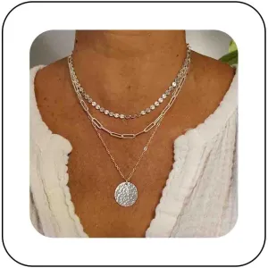 Boho Layered Disc Coin Necklace Choker Hammered Disc Pendant Necklace Tiny Disc Chain Necklace Gold Paperclip Chain Necklace Jewelry for Women