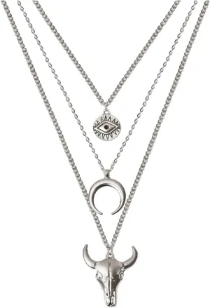 Boho Layered Necklace for Women Men Western Necklaces for Women Silver Crescent Pendant Necklace Chain Evil Eye Bull Head Necklace Western Jewelry for Women