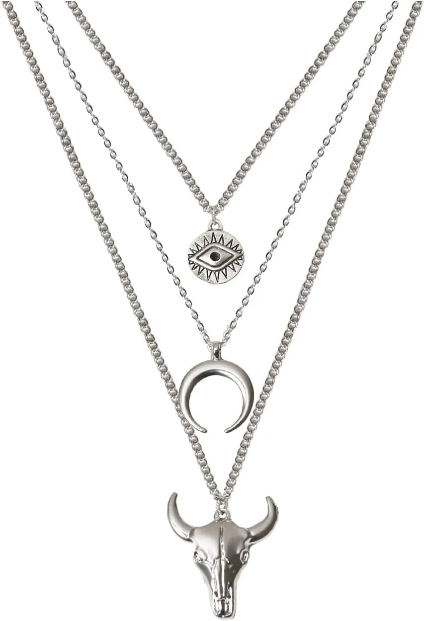 Boho Layered Necklace for Women Men Western Necklaces for Women Silver Crescent Pendant Necklace Chain Evil Eye Bull Head Necklace Western Jewelry for Women