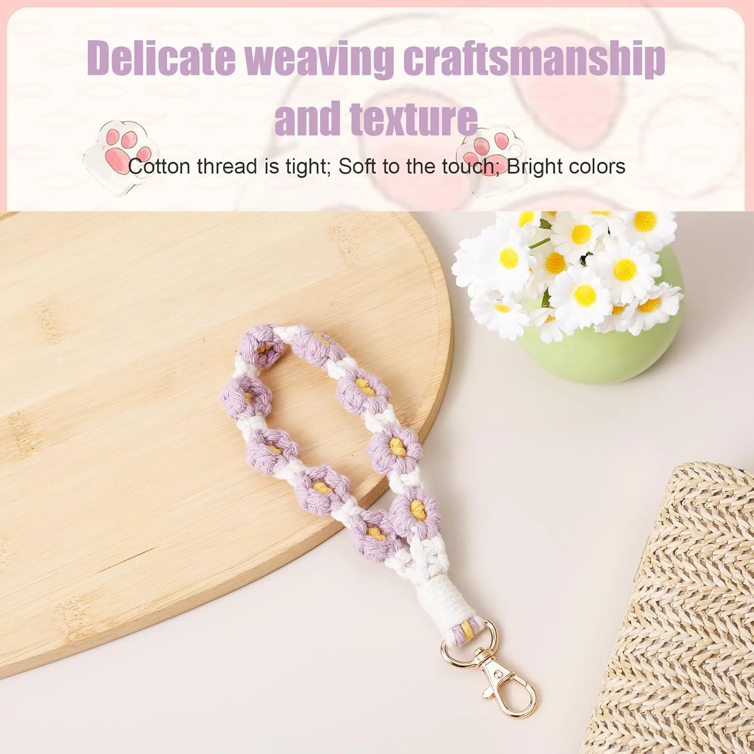 Boho Macrame Keychain, Woven Wrist Keychain Keyrings Wristlet Lanyard Woven Wristband Flower Key Chain Crochet