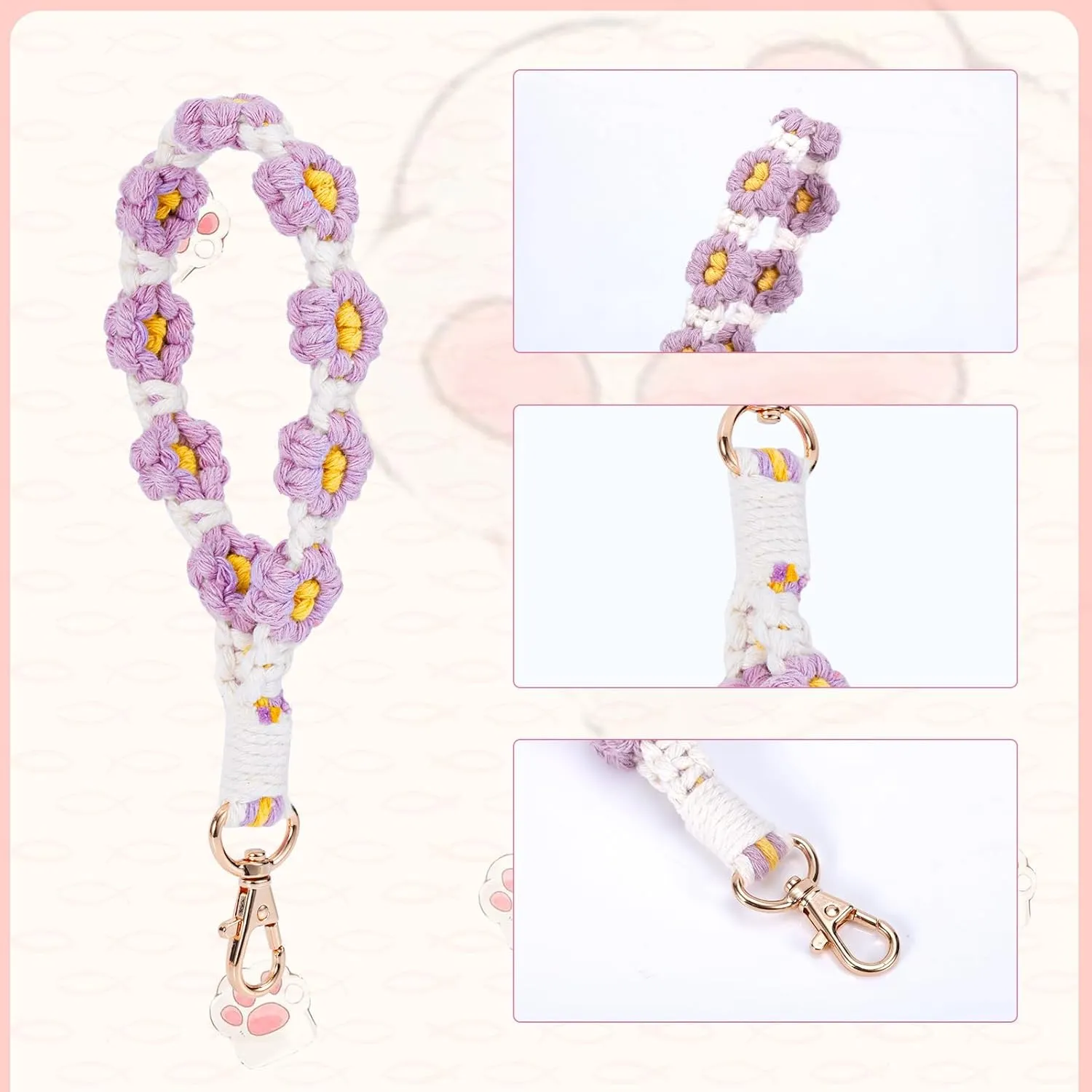 Boho Macrame Keychain, Woven Wrist Keychain Keyrings Wristlet Lanyard Woven Wristband Flower Key Chain Crochet