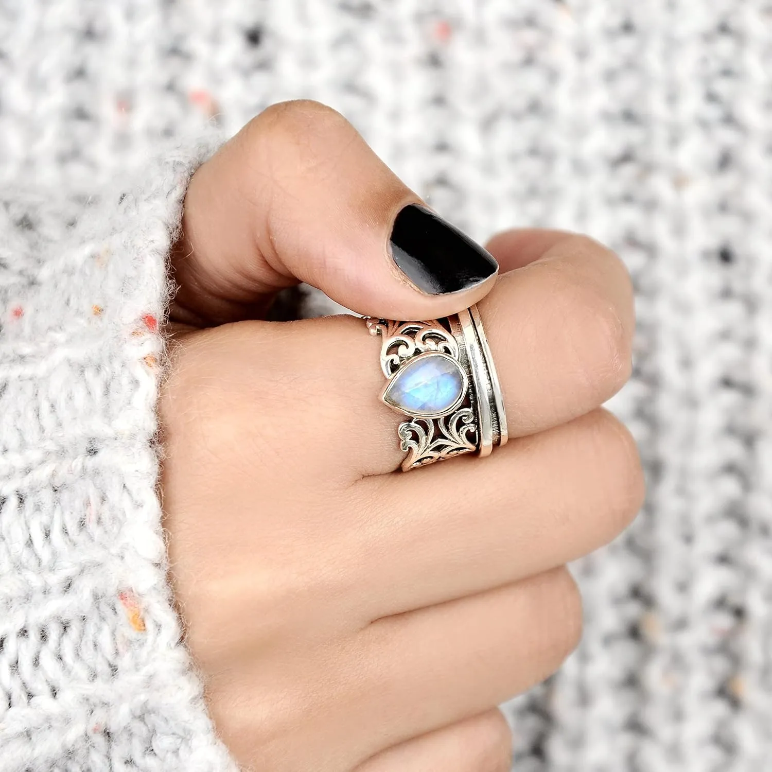 Boho-Magic Spinner Fidget Moonstone Ring for Women 925 Sterling Silver
