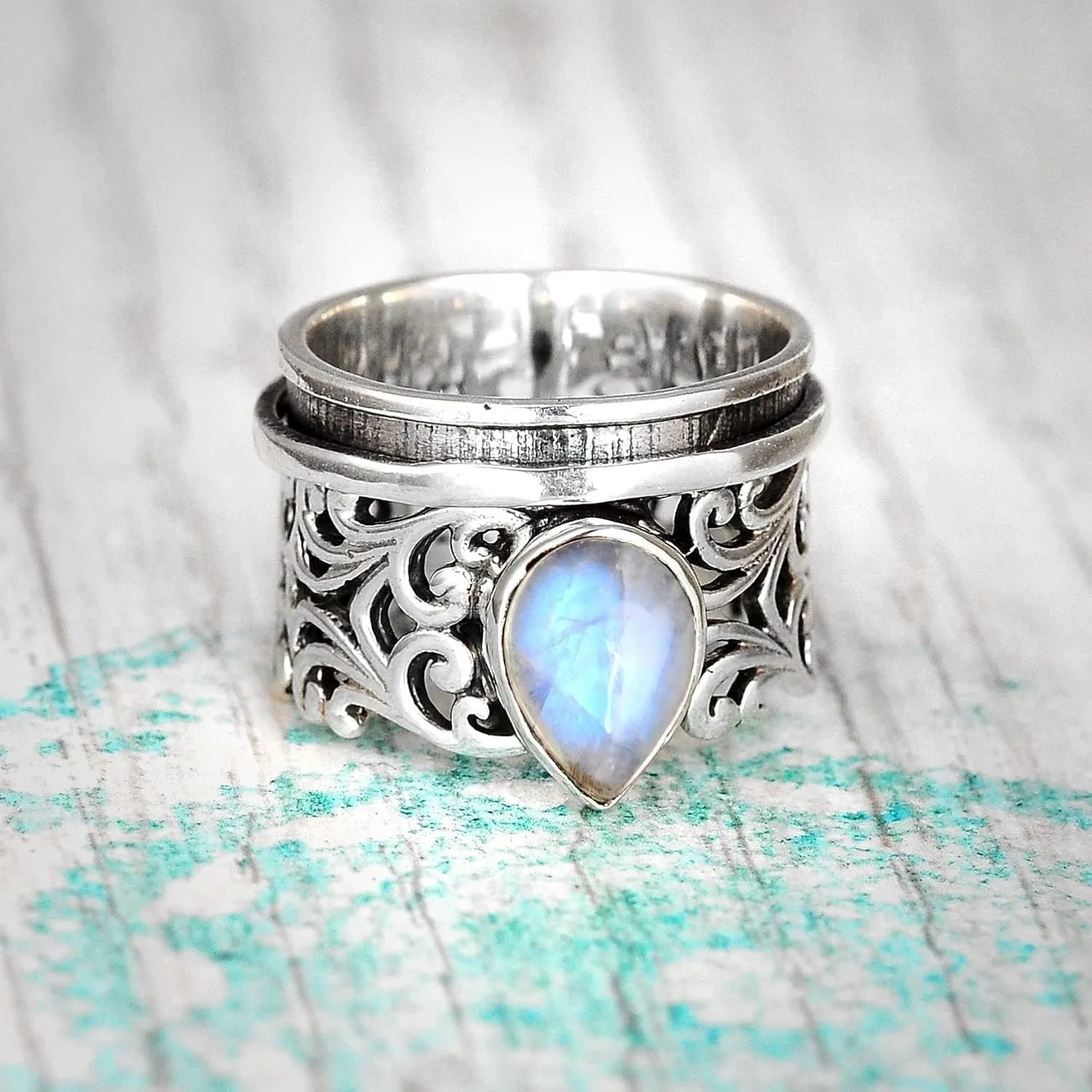 Boho-Magic Spinner Fidget Moonstone Ring for Women 925 Sterling Silver