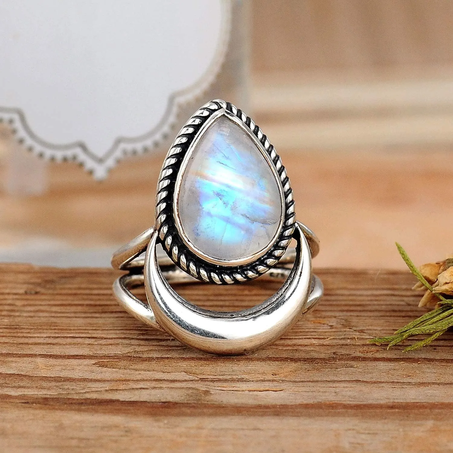 Boho-Magic Sterling Silver Moon Moonstone Ring for Women Gemstone Boho jewelry