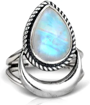 Boho-Magic Sterling Silver Moon Moonstone Ring for Women Gemstone Boho jewelry