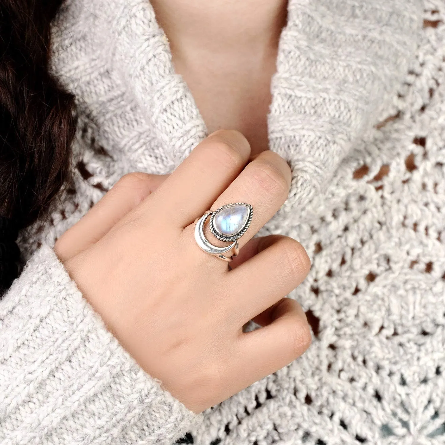 Boho-Magic Sterling Silver Moon Moonstone Ring for Women Gemstone Boho jewelry