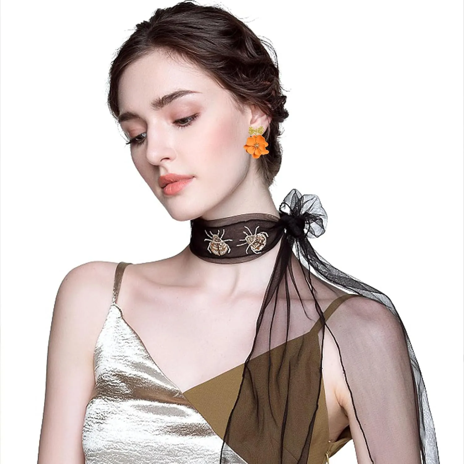 Boho Matte Flower Statement Stud Earrings with Gold Bow Floral Bud for Women Sister Mom Lover Earring