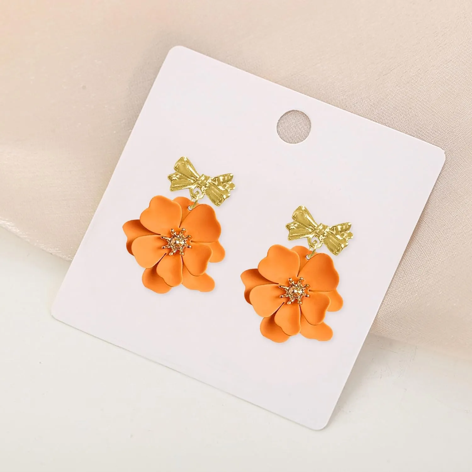 Boho Matte Flower Statement Stud Earrings with Gold Bow Floral Bud for Women Sister Mom Lover Earring