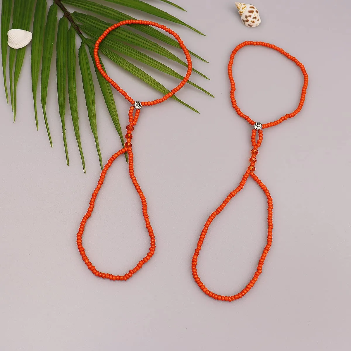 Boho Multi-colored Beaded Barefoot Sandals 2pcs Elastic Crystal Anklet with Toe Ring Summer Beach Wedding Bridal Foot Chain Accessories for Women (Orange A)