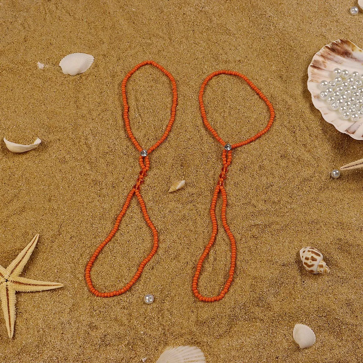 Boho Multi-colored Beaded Barefoot Sandals 2pcs Elastic Crystal Anklet with Toe Ring Summer Beach Wedding Bridal Foot Chain Accessories for Women (Orange A)