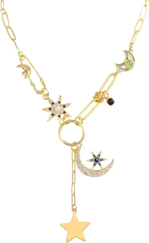 Boho Necklace Gold Plated Charm Paperclip Star Jewelry, Gold-Tone Moon and Star Long Necklace for Women Free People Jewelry