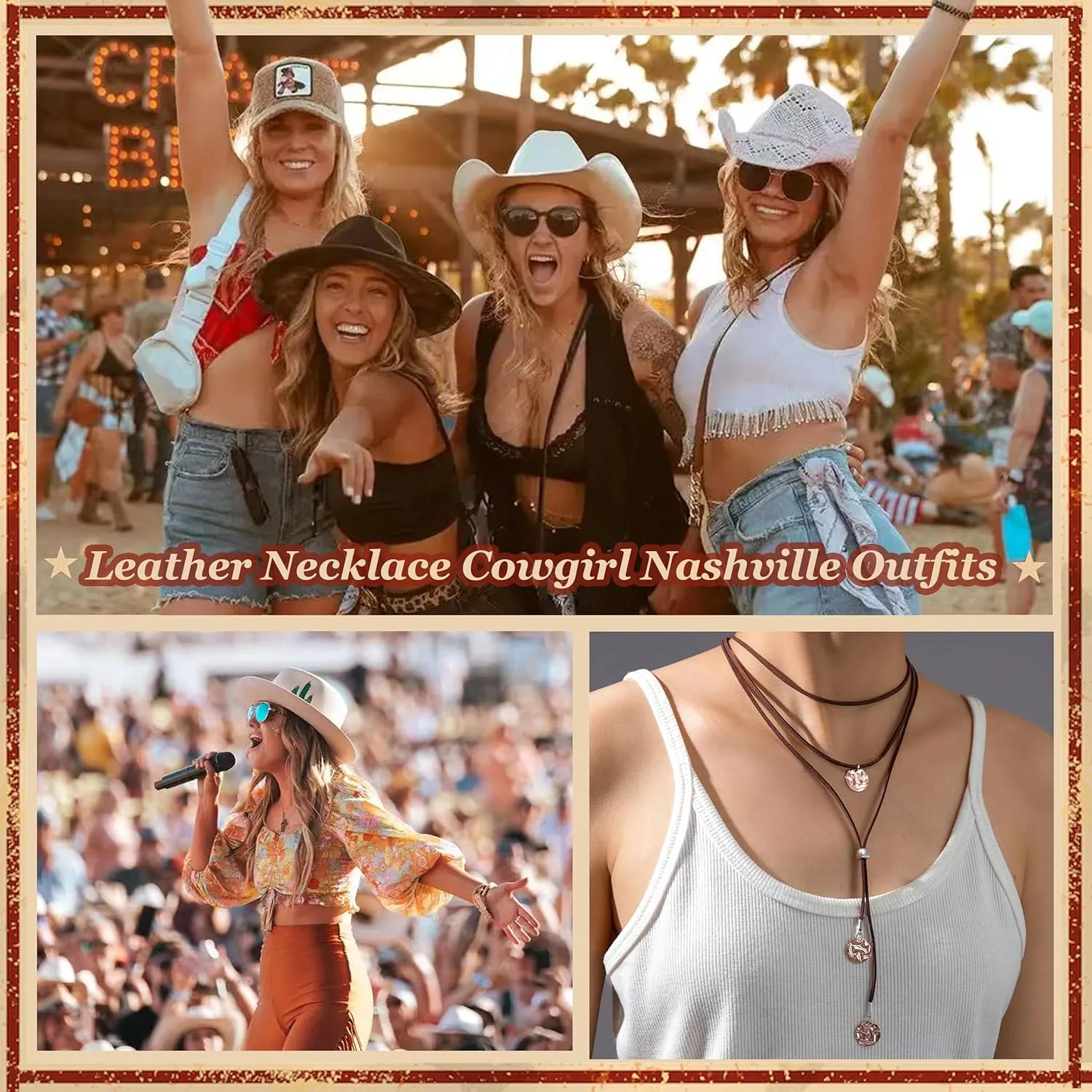 Boho Necklaces for Women Western Outfits Cowgirl Necklace for Women Trendy Handmade Boho Jewelry Leather Necklace Country Jewelry Gifts for Women