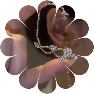 Boho Rose Cuff Crawler Earrings Gold Rose CZ Teardrop Dangle Earrings Vintage Flower Ear Cuff Wrap Earrings Personalized Rose No Piercing Clip Earrings Jewelry for Women(Left)