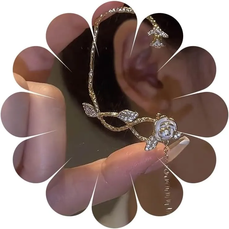 Boho Rose Cuff Crawler Earrings Gold Rose CZ Teardrop Dangle Earrings Vintage Flower Ear Cuff Wrap Earrings Personalized Rose No Piercing Clip Earrings Jewelry for Women(Left)