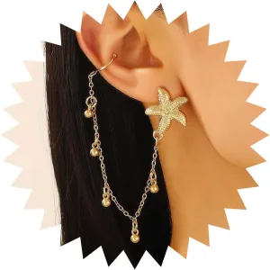 Boho Star Ear Cuff Earrings Gold Starfish Cartilage Chain Clip Earrings Vintage Tassel Ball Chain Dangle Earrings Star Crawler Climber Earrings Jewelry for Women