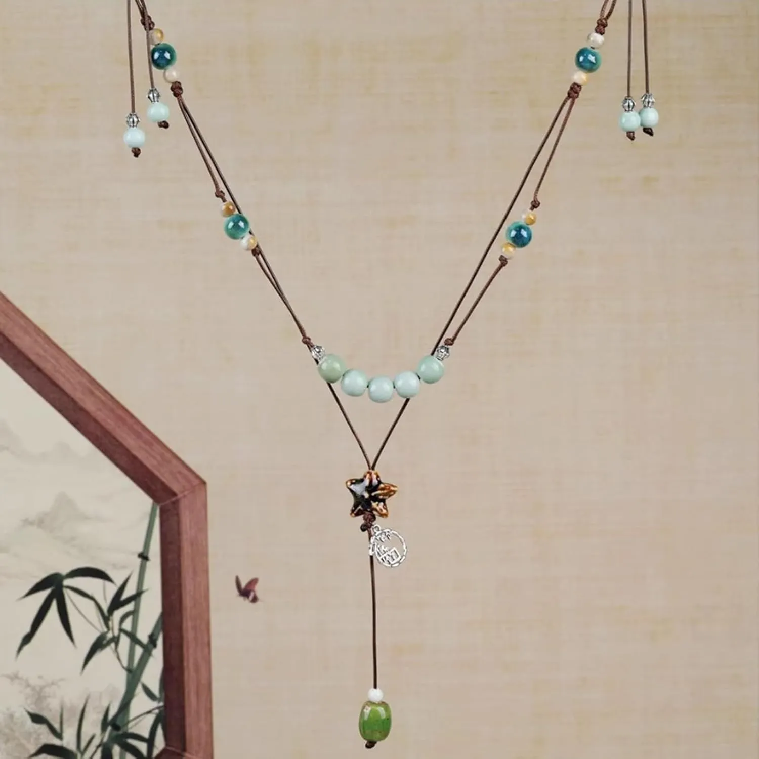 Boho Style Colorful Ceramic Bead Strand Necklace Adjustable Bohemian Jewelry Gift for Women, Fashion Clothing Matching Necklace