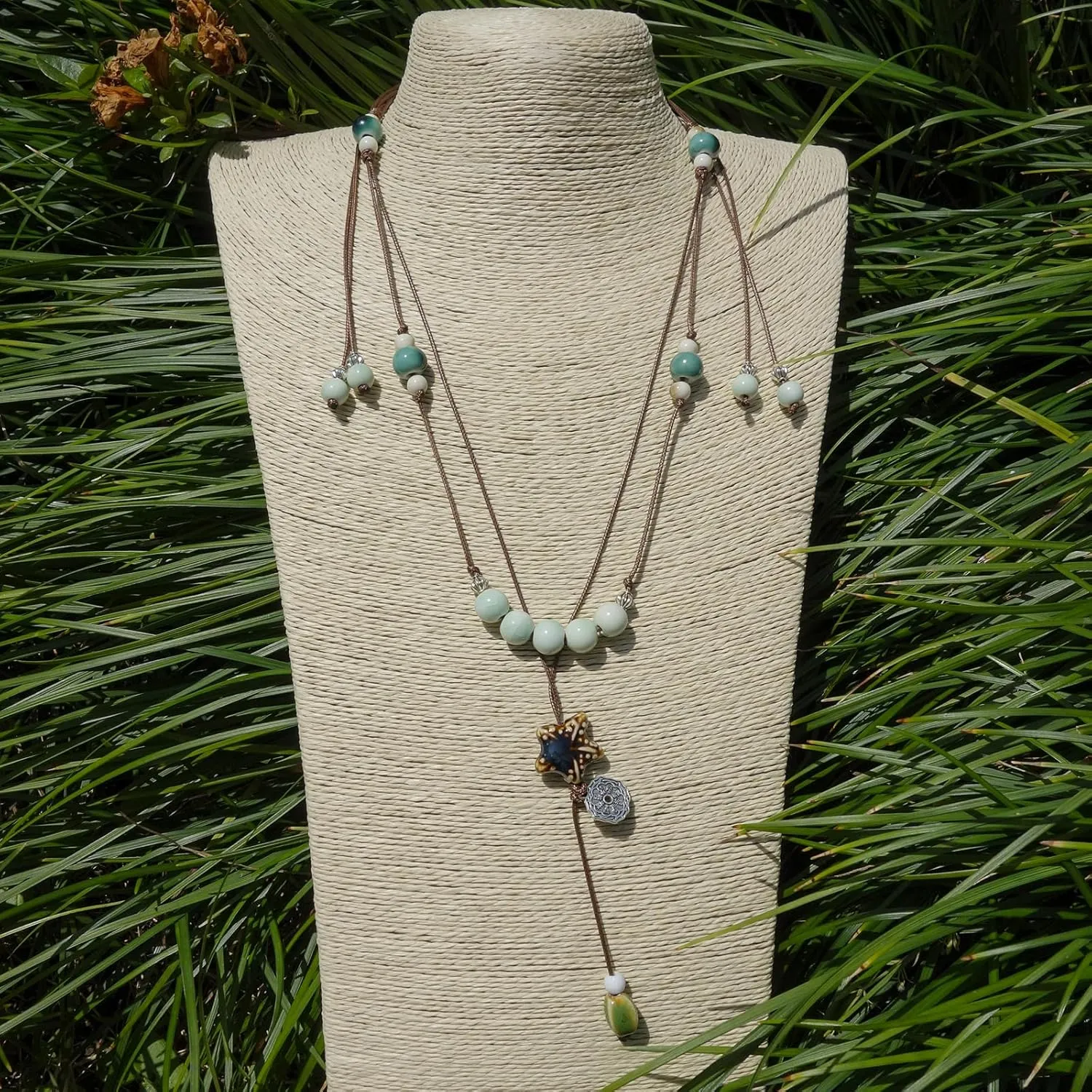 Boho Style Colorful Ceramic Bead Strand Necklace Adjustable Bohemian Jewelry Gift for Women, Fashion Clothing Matching Necklace