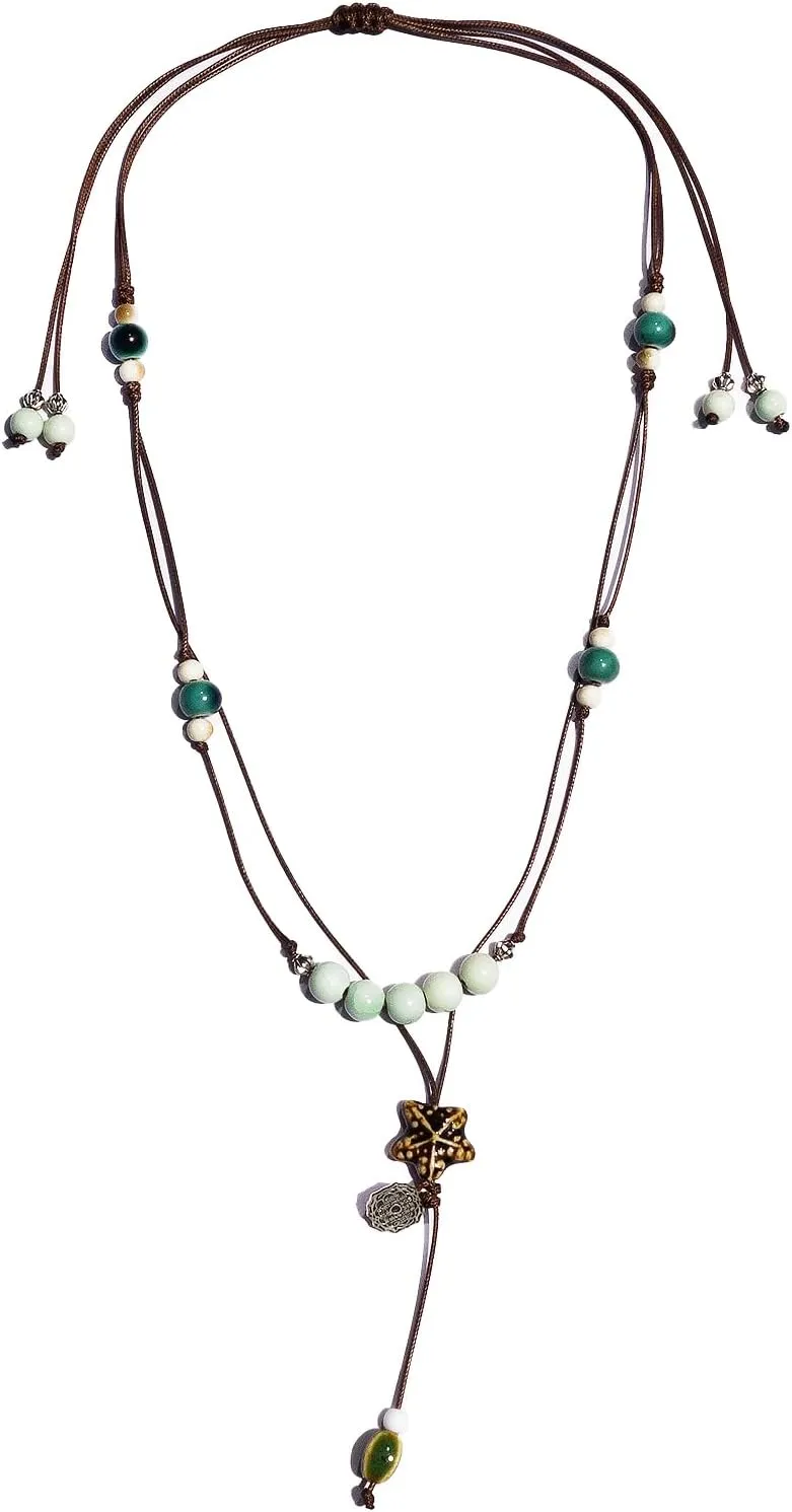 Boho Style Colorful Ceramic Bead Strand Necklace Adjustable Bohemian Jewelry Gift for Women, Fashion Clothing Matching Necklace