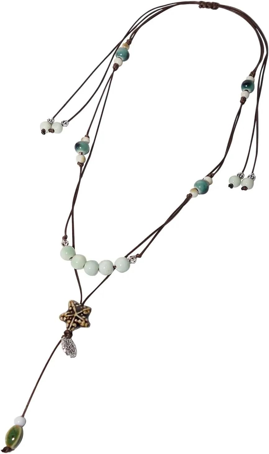 Boho Style Colorful Ceramic Bead Strand Necklace Adjustable Bohemian Jewelry Gift for Women, Fashion Clothing Matching Necklace