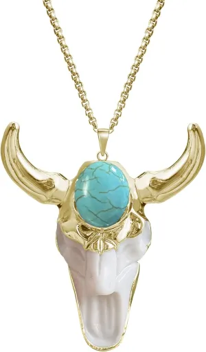 Boho Turquoise Necklace, Western Jewelry for Women, Hip Hop Charm White Bull Necklace for Men