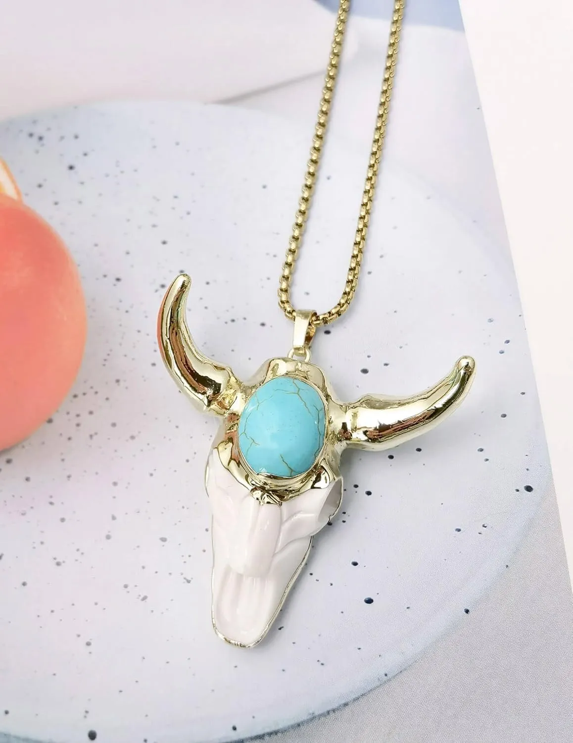 Boho Turquoise Necklace, Western Jewelry for Women, Hip Hop Charm White Bull Necklace for Men