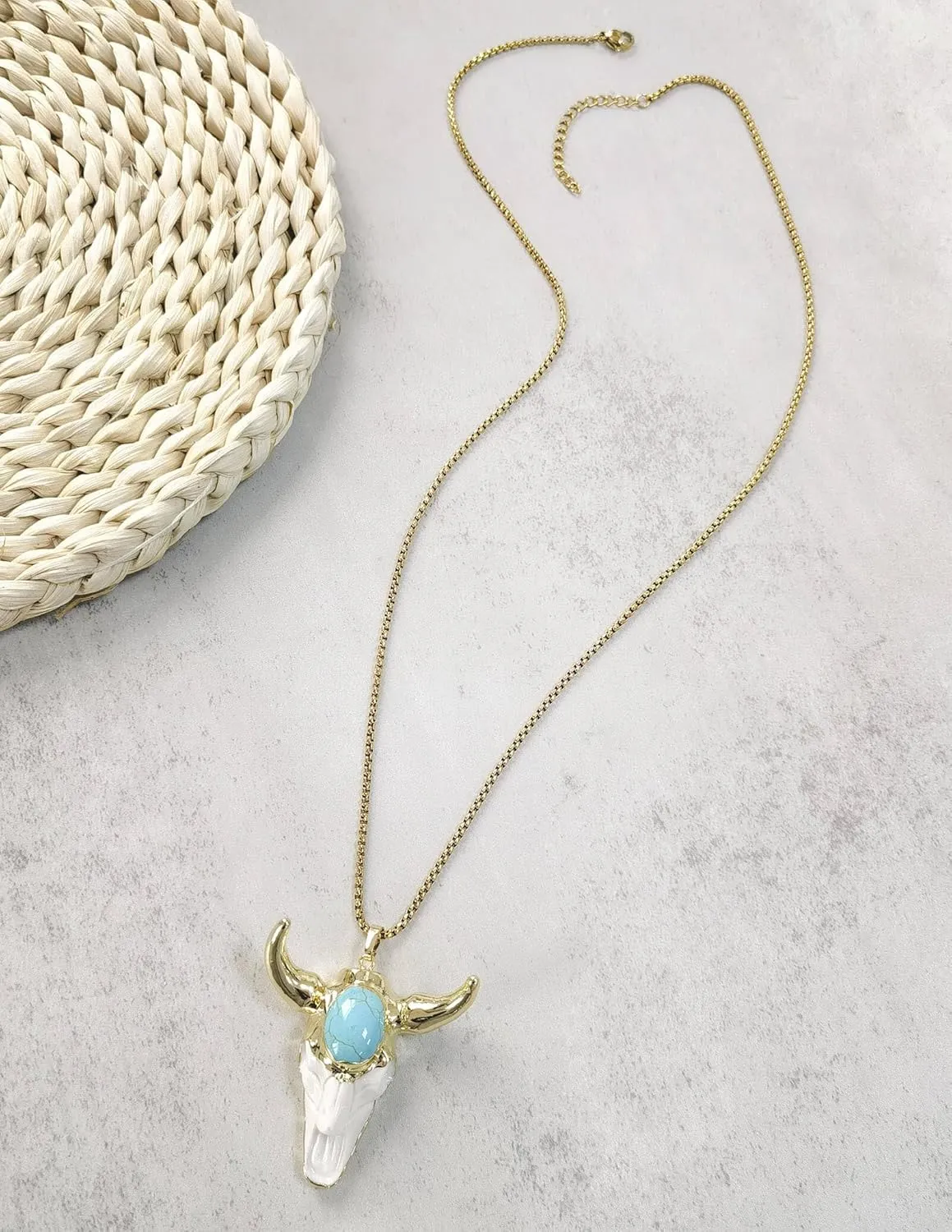 Boho Turquoise Necklace, Western Jewelry for Women, Hip Hop Charm White Bull Necklace for Men