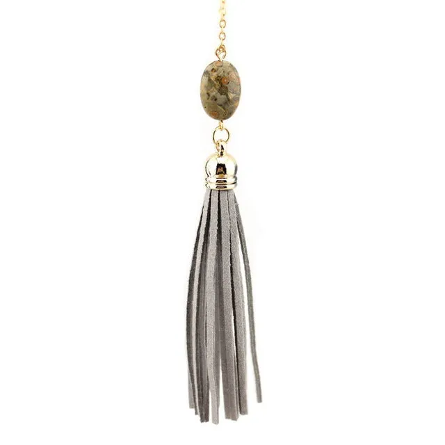 Boho Velvet Long Tassel Necklace 2016 Summer Style Leather Tassel Natural Stone Necklace for Women Sweater Chain Fashion Jewelry
