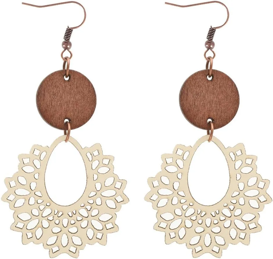 Boho Vintage Wooden Leather Round Geometric Earrings Retro Hollow Out Circle Waterdrop Earrings Lightweight Statement Jewelry Suitable for Women