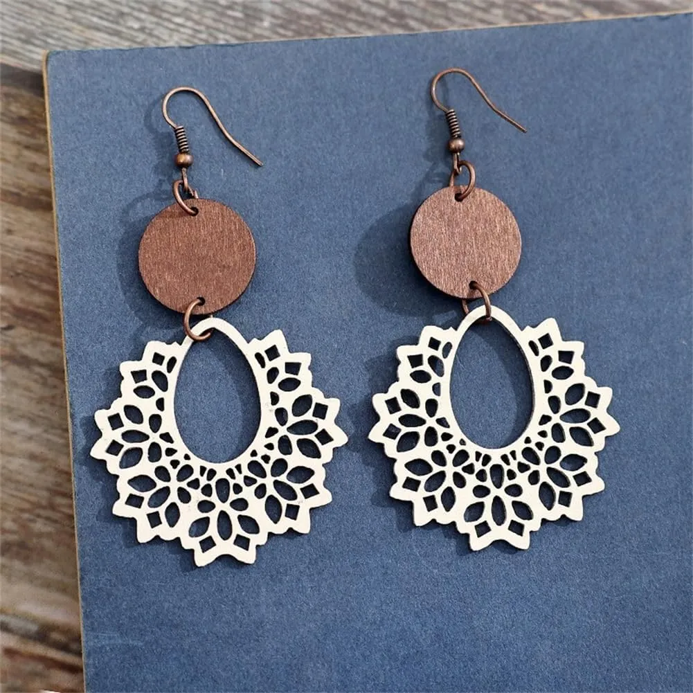 Boho Vintage Wooden Leather Round Geometric Earrings Retro Hollow Out Circle Waterdrop Earrings Lightweight Statement Jewelry Suitable for Women
