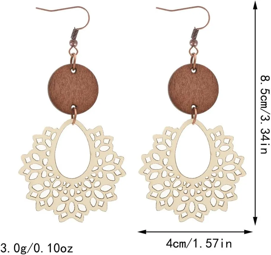 Boho Vintage Wooden Leather Round Geometric Earrings Retro Hollow Out Circle Waterdrop Earrings Lightweight Statement Jewelry Suitable for Women