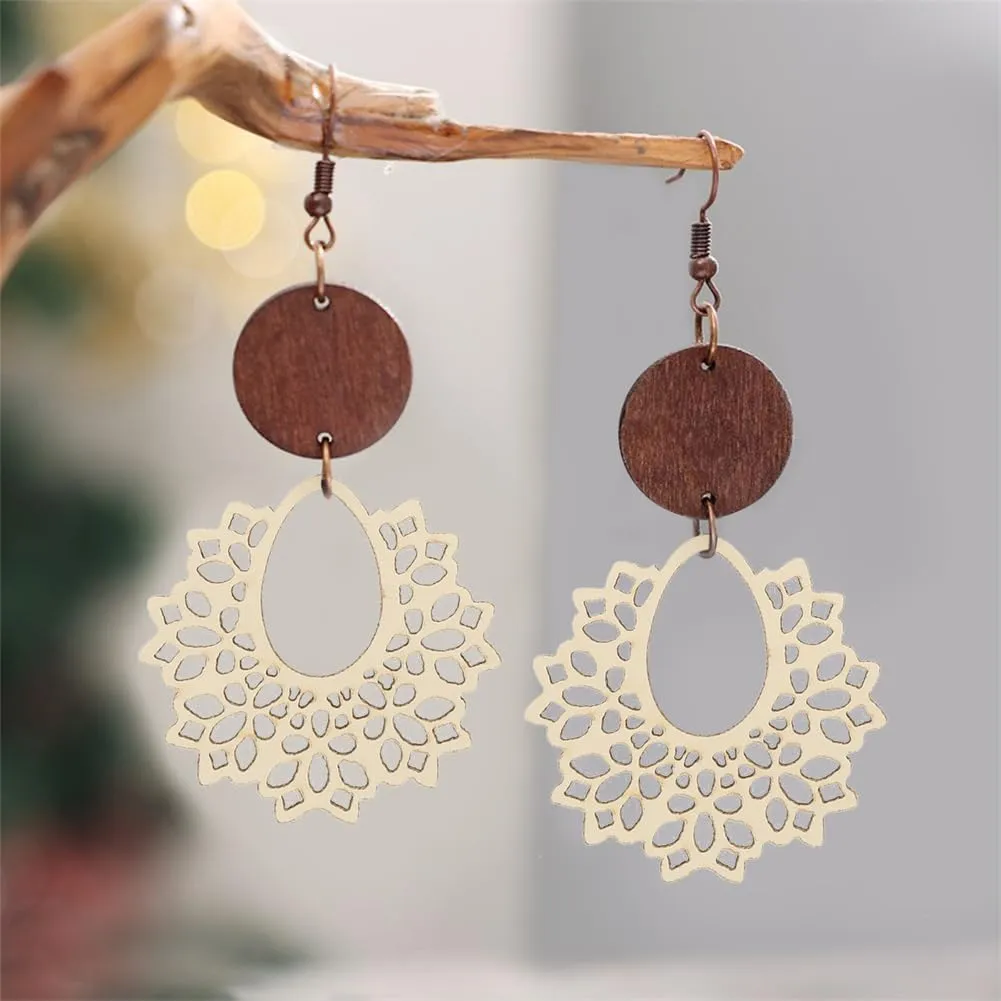 Boho Vintage Wooden Leather Round Geometric Earrings Retro Hollow Out Circle Waterdrop Earrings Lightweight Statement Jewelry Suitable for Women