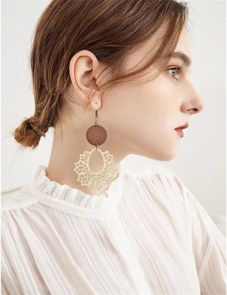 Boho Vintage Wooden Leather Round Geometric Earrings Retro Hollow Out Circle Waterdrop Earrings Lightweight Statement Jewelry Suitable for Women