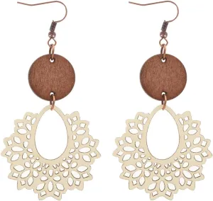 Boho Vintage Wooden Leather Round Geometric Earrings Retro Hollow Out Circle Waterdrop Earrings Lightweight Statement Jewelry Suitable for Women