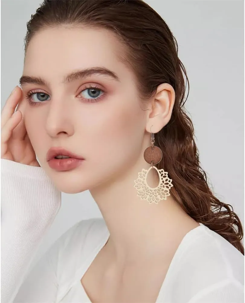 Boho Vintage Wooden Leather Round Geometric Earrings Retro Hollow Out Circle Waterdrop Earrings Lightweight Statement Jewelry Suitable for Women