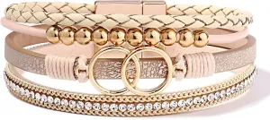 Boho Wrap Bracelet for Women, Multi-Layer Braided Leather Cuff Bangle Bracelets Stackable Bohemian Beaded Crystal Circle Anniversary Mother's Day Birthday Christmas Jewelry Gifts for Her