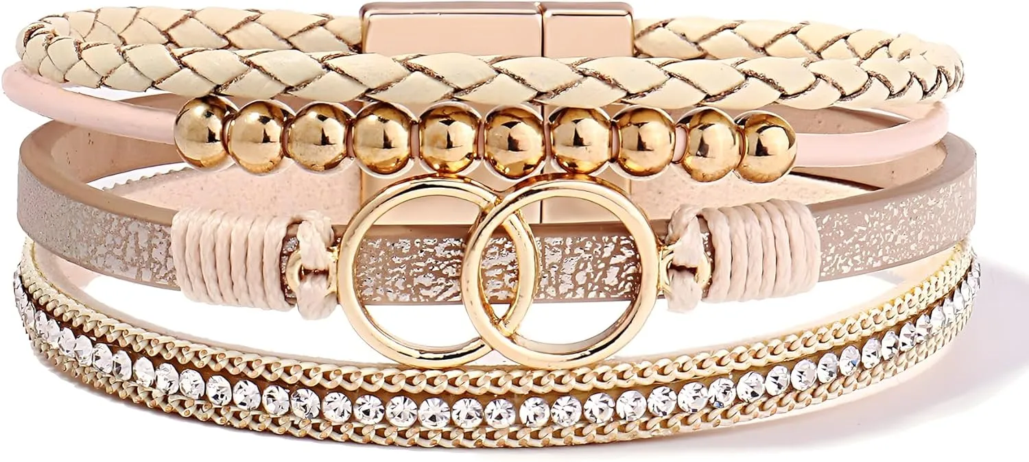 Boho Wrap Bracelet for Women, Multi-Layer Braided Leather Cuff Bangle Bracelets Stackable Bohemian Beaded Crystal Circle Anniversary Mother's Day Birthday Christmas Jewelry Gifts for Her