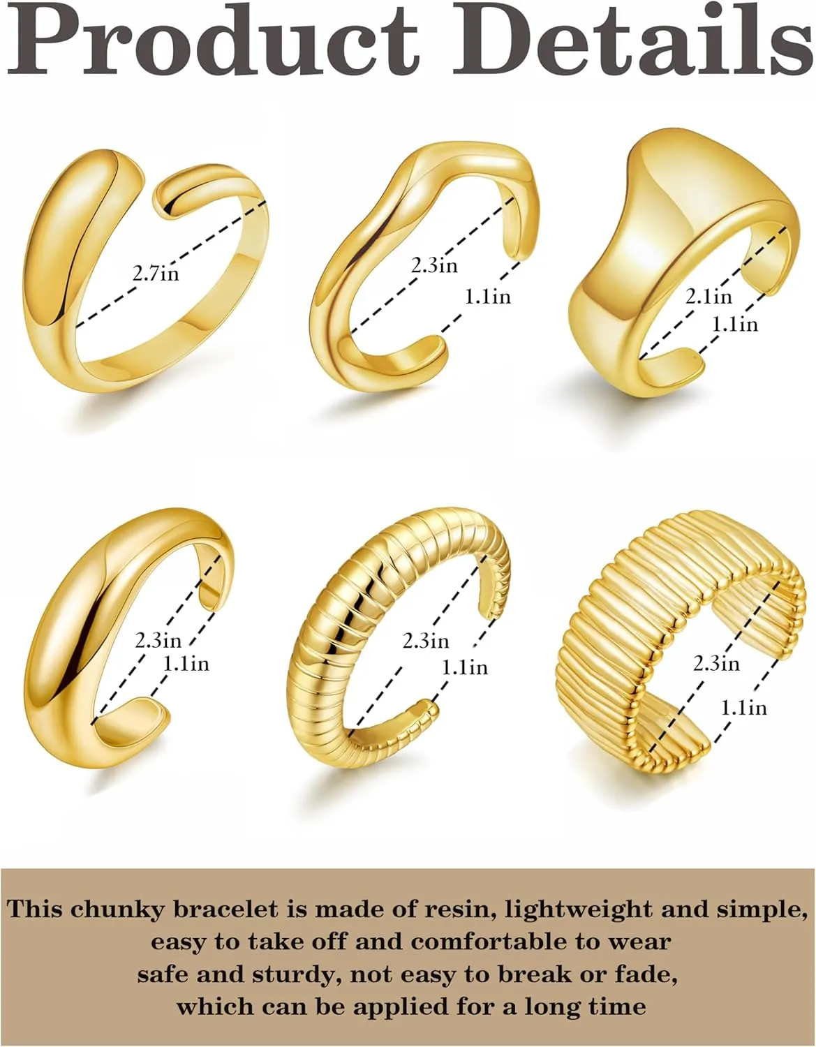 BOMAIL 6Pcs Chunky Gold Cuff Bracelet for Women Vintage Acrylic Open Wide Statement Bangle Bracelets Twisted Hammered Cuff Bracelets for Women