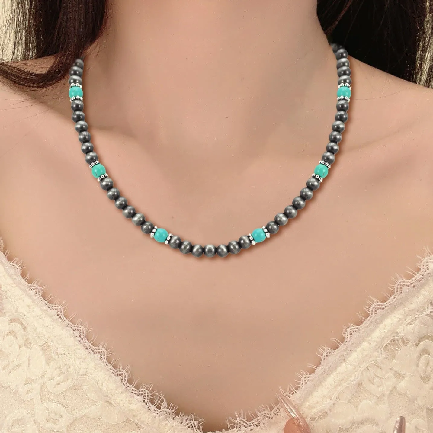 Bow Bowknot Pearl Cowboy Cowgirl Western Jewelry Navajo Pearl Necklace for Women Boho Vintage Choker Turquoise Necklace