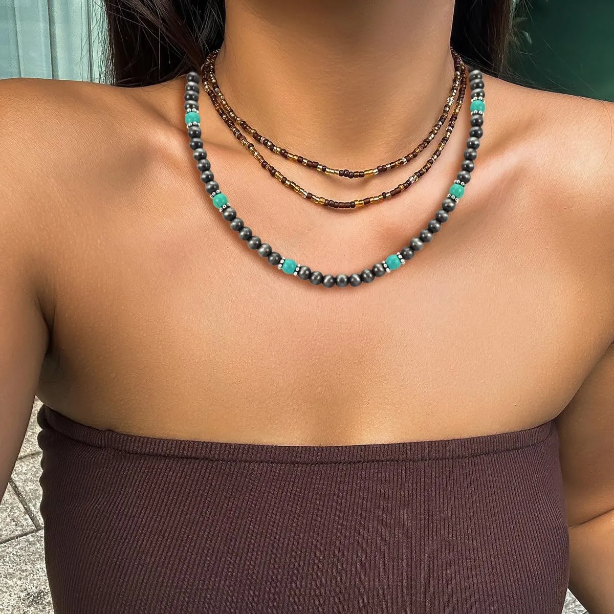 Bow Bowknot Pearl Cowboy Cowgirl Western Jewelry Navajo Pearl Necklace for Women Boho Vintage Choker Turquoise Necklace