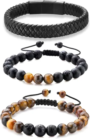 Bracelets for Mens,Natural Tiger Eye Lava Rock Beaded,Silver Stainless Steel Twisted Cuff Bangle,Black Leather Men Bracelet Gifts