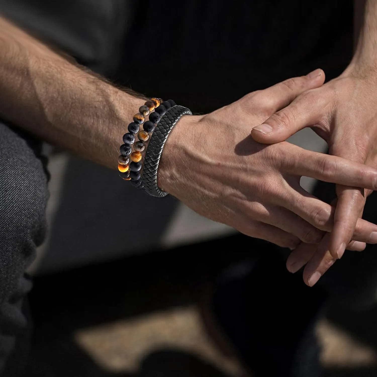 Bracelets for Mens,Natural Tiger Eye Lava Rock Beaded,Silver Stainless Steel Twisted Cuff Bangle,Black Leather Men Bracelet Gifts