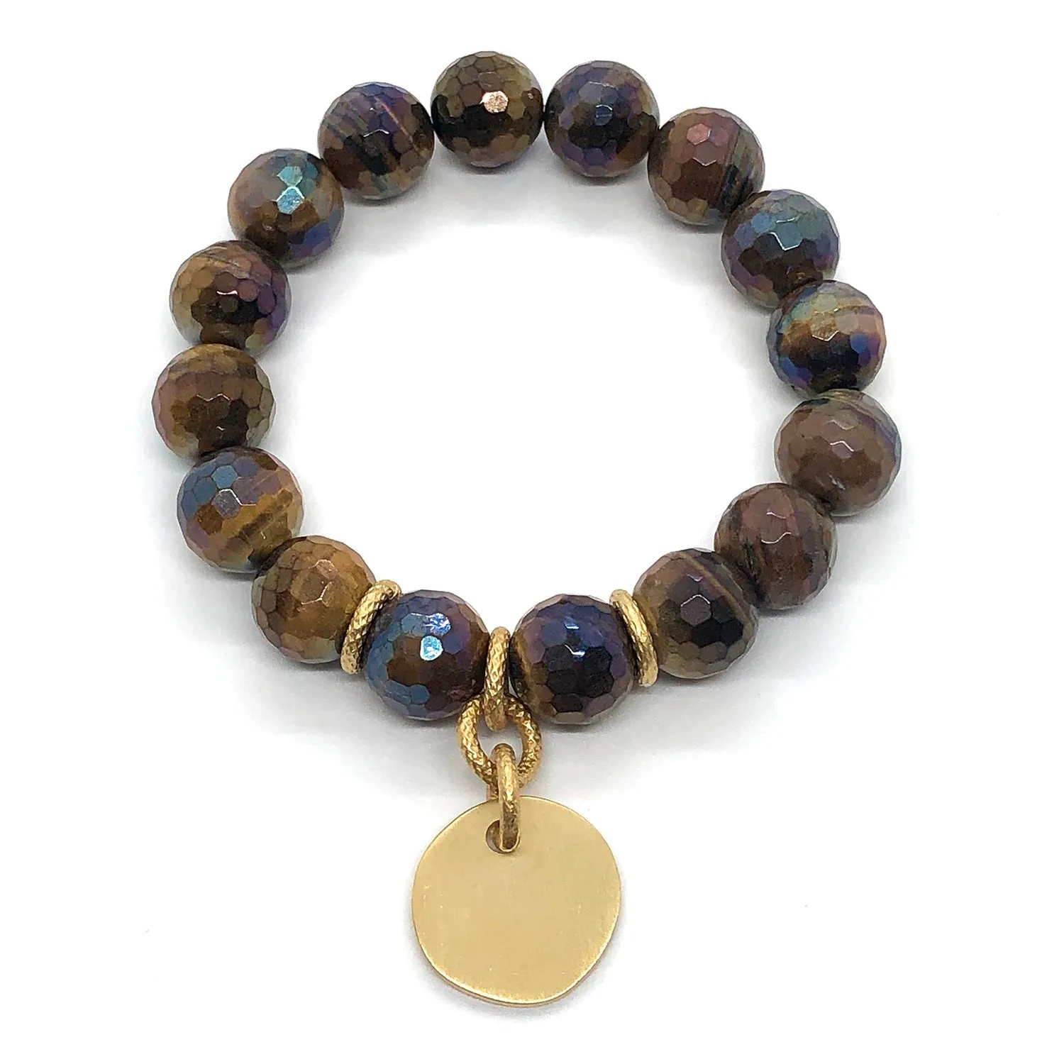 Brown Glazed Tiger Eye Stretch Bracelet With Charm