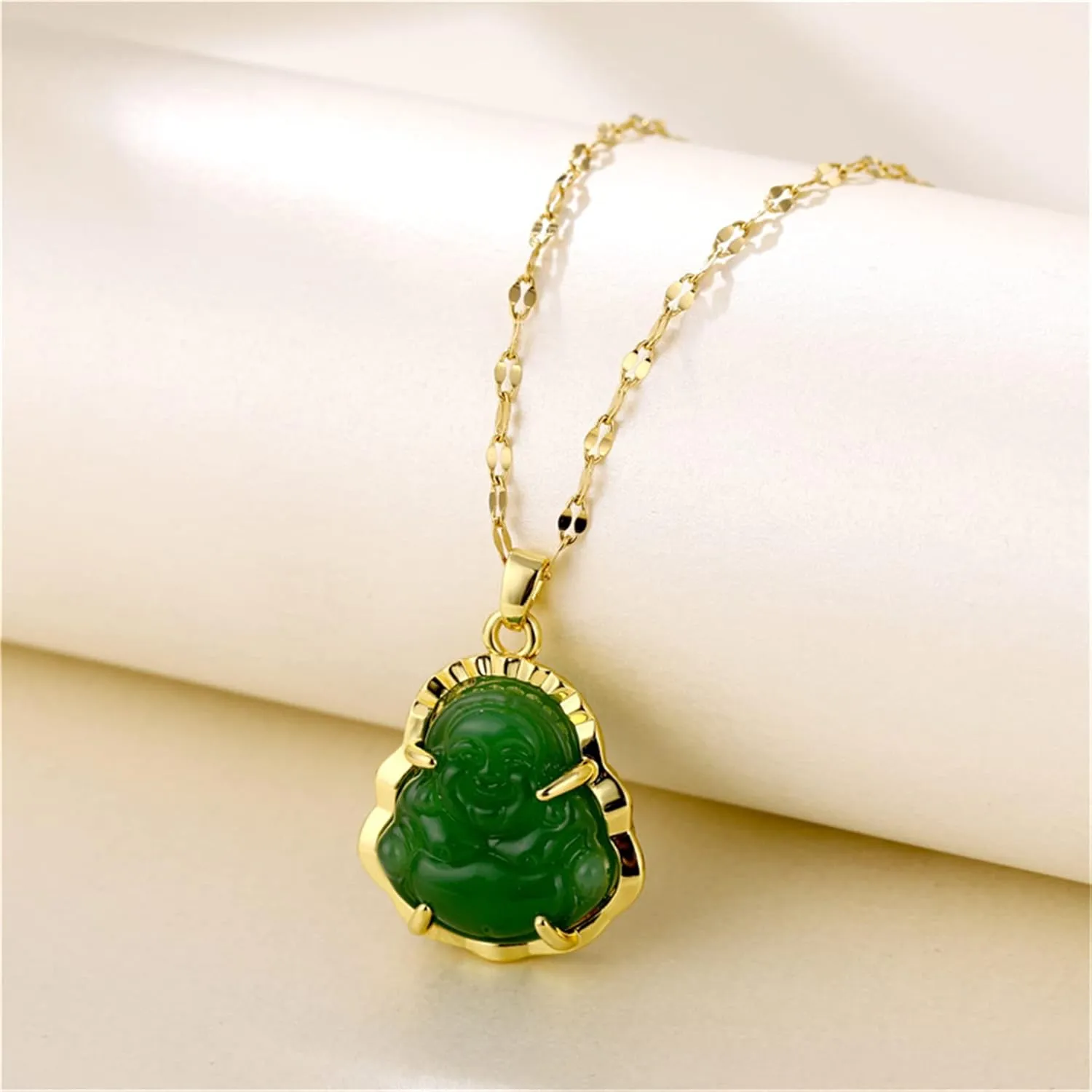 Buddha Necklace, Lucky Laughing Buddha Pendant Necklaces Green/White Jade Buddha Necklace with 18K Gold Plated Chain Jewelry for Women Men