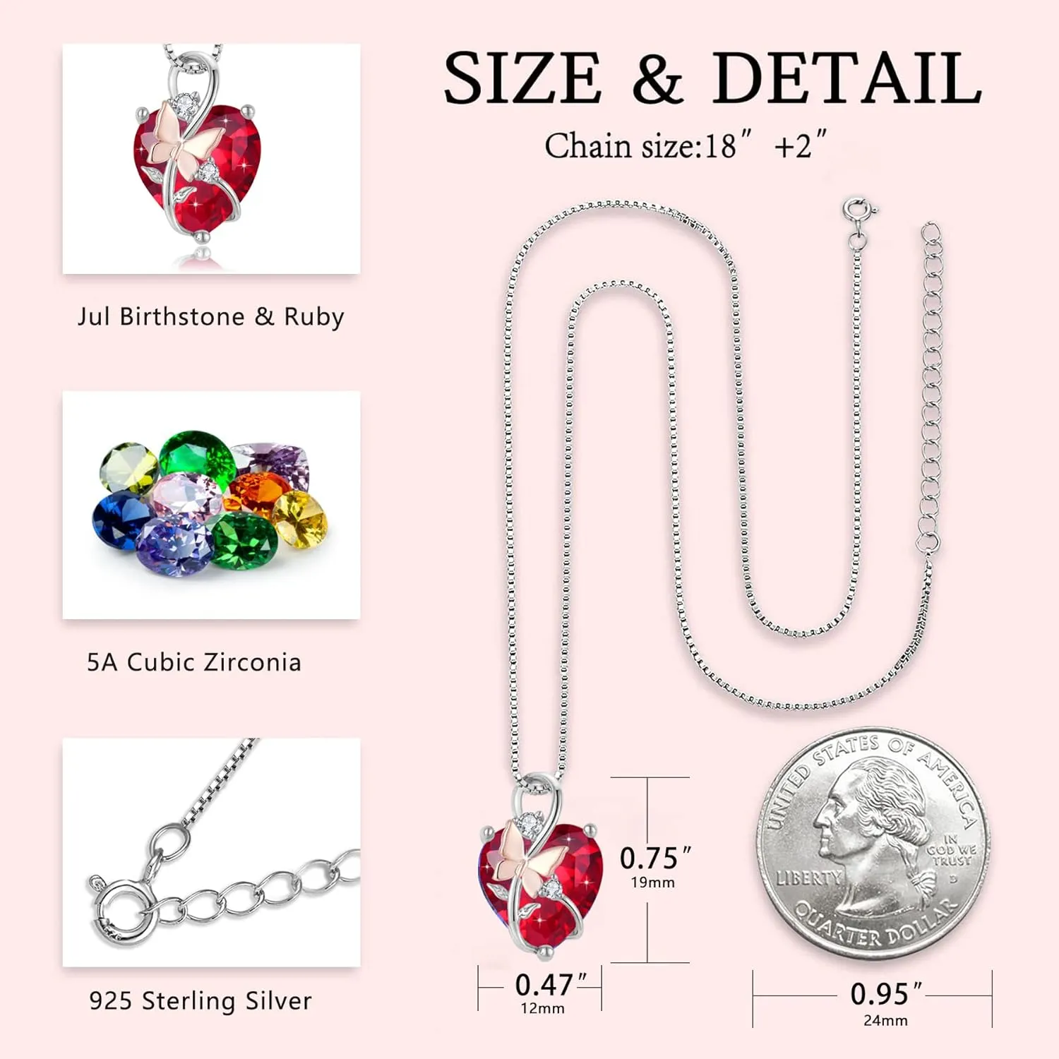 Butterfly Heart Necklaces for Women, 925 Sterling Silver 5A Cubic Zirconia Birthstone Pendant Jewelry Gifts, Anniversary Birthday Christmas Gifts for her