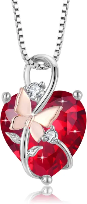 Butterfly Heart Necklaces for Women, 925 Sterling Silver 5A Cubic Zirconia Birthstone Pendant Jewelry Gifts, Anniversary Birthday Christmas Gifts for her