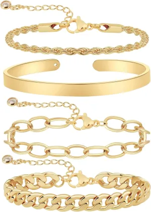 CAROVO Gold Chain Bracelets for Women, 14K Gold Plated Bracelet Set Minimalist Rope Paperclip Cuff Bracelet Delicate Herringbone Chain Bracelet Cute Jewelry Gifts for Women